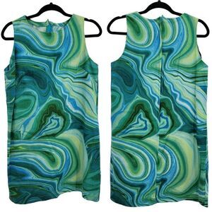 Vintage‎ 70's Handmade GoGo Dress L Aqua Blue Green Swirl Sleeveless Mini Shift